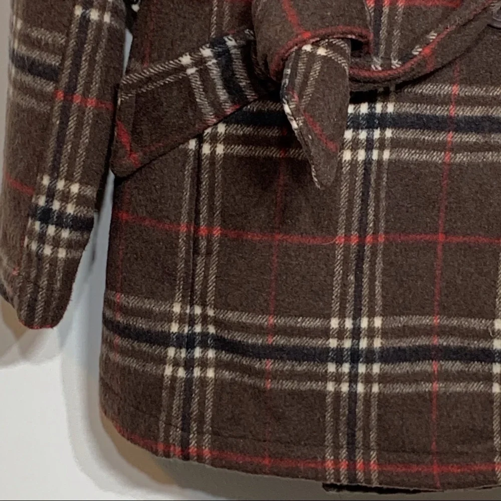 Brown Plaid Wool Blend Double Breasted Peacoat Winter Trench Coat Small